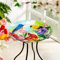 Load image into Gallery viewer, What She Shed Birdbath, Hand-Painted Glass, Feathered Trio 18"