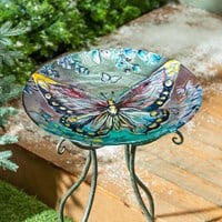Load image into Gallery viewer, Season to Sparkle Birdbath, Hand-Painted Glass, Icy Butterfly, 18"