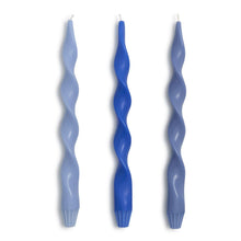 Load image into Gallery viewer, Set of 3 Twist and Glow Blue Hue 12" Twist Taper Candles in Gift Box