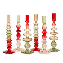 Load image into Gallery viewer, Hand Blown Glass Tapered Candleholder Red/Green Ombre SET OF TWO