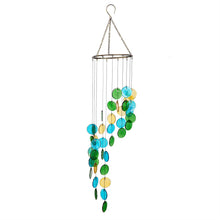 Load image into Gallery viewer, Blue Coastal Wind Chime, Glass & Metal, Hanging Circles, 31.5"