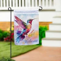Load image into Gallery viewer, Watercolor Hummingbird Suede Garden Flag
