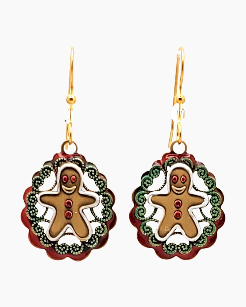 Silver Forest Gingerbread Man in Swirl Oval Earrings