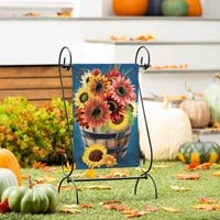 Barrel of Blooms Burlap Garden Flag