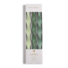 Load image into Gallery viewer, Set of 3 Twist and Glow Green Hue 12" Twist Taper Candles in Gift Box
