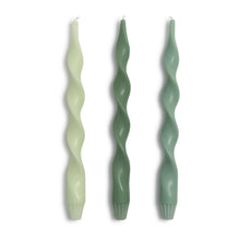 Load image into Gallery viewer, Set of 3 Twist and Glow Green Hue 12" Twist Taper Candles in Gift Box
