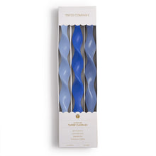 Load image into Gallery viewer, Set of 3 Twist and Glow Blue Hue 12" Twist Taper Candles in Gift Box
