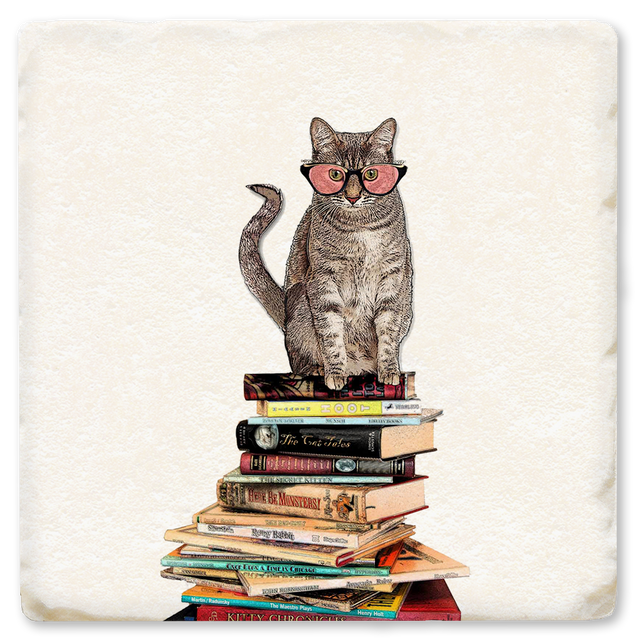 Cat Sitting On Books Ceramic Coaster