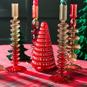 Hand Blown Glass Tapered Candleholder Red/Green Ombre SET OF TWO