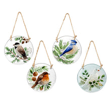 Load image into Gallery viewer, Woodland Storybook Suncatcher, Glass Hand-Painted Round Suncatcher, Winter Bird, 4.5&quot;
