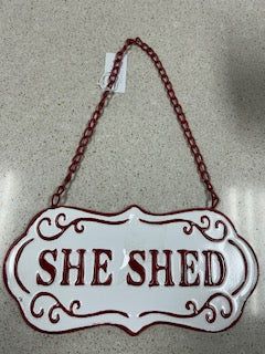 White & Red Enamel Embossed She Shed Wall Decor