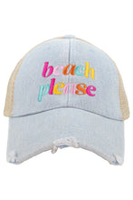 Load image into Gallery viewer, Beach Please Trucker Hat - Denim &amp; Tan
