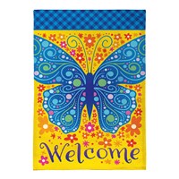 Welcome Mosaic Blue Butterfly House Flag