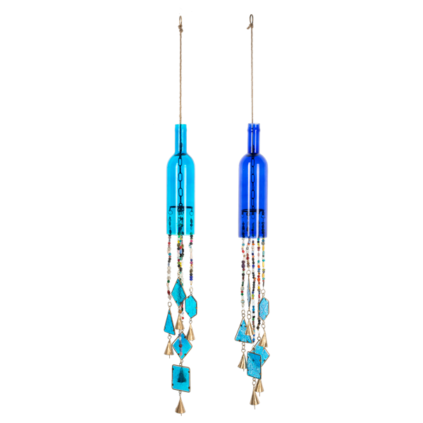 Blue Bottle with Colorful Beads & Stained Glass Wind Chime