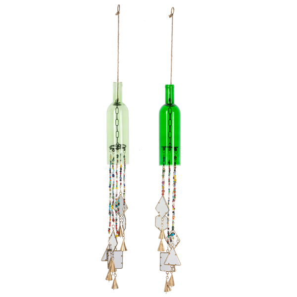 Green Bottle with Colorful Beads & Stained Glass Wind Chime