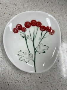 Artisanal Tidbit Bowl/Dish with Red Botanical Imprint