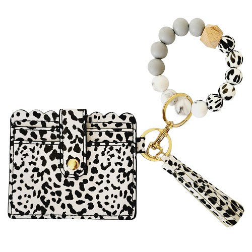 Silicone Beaded Stretch Bracelet Wristlet ID Holder - Leopard Print Black White