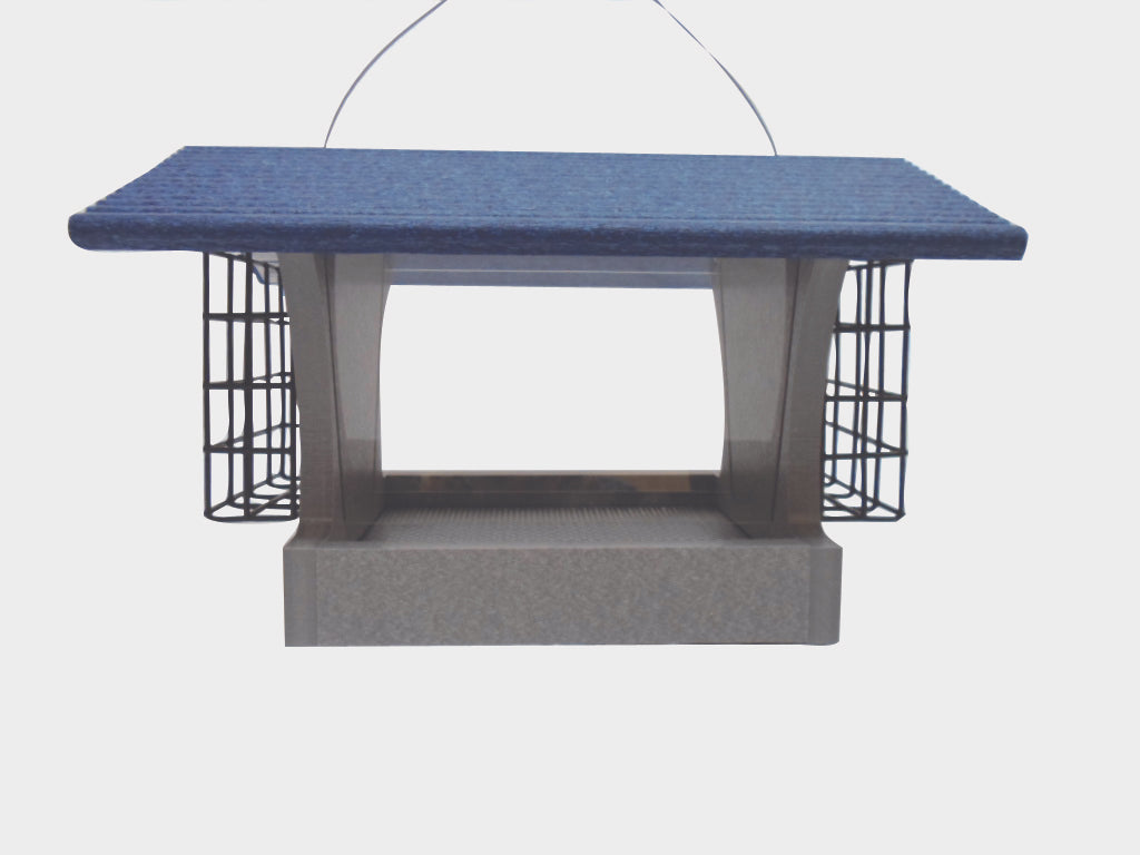 Recycled Hopper Feeder with Suet Cages - Blue/Gray